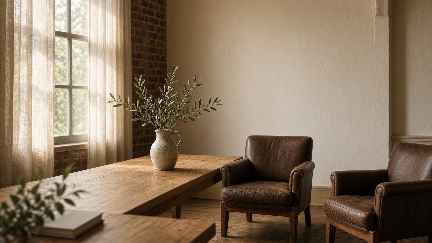 A quiet sunlit room prepared for a conversation